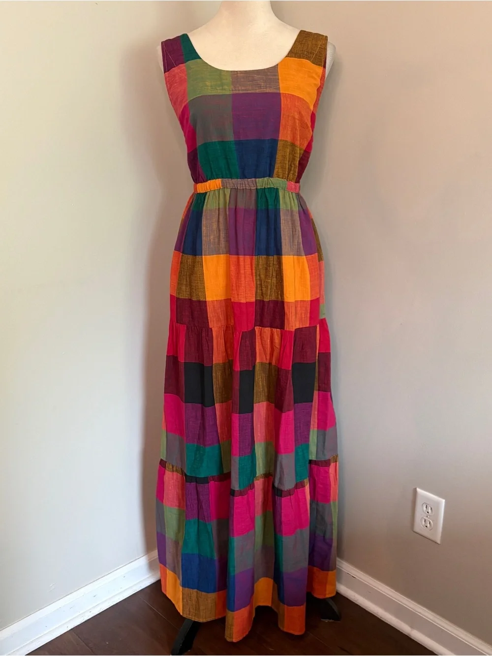 Rujuta Sheth Gema Tiered Maxi Multi-Chex Multicolor Plaid Tie Back Boho Small - Picture 3 of 10